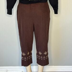 JM Collection Brown Linen Blend Embroidered Capri Pants Women’s Size M boho y2k
